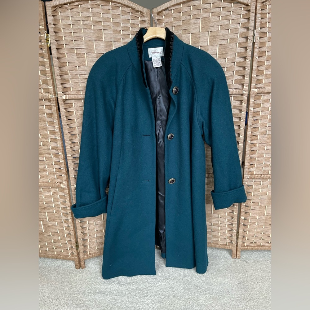 Worthington Wool Vintage Women’s Teal Trench Coat Velvet Collar 14 Lined Dressy